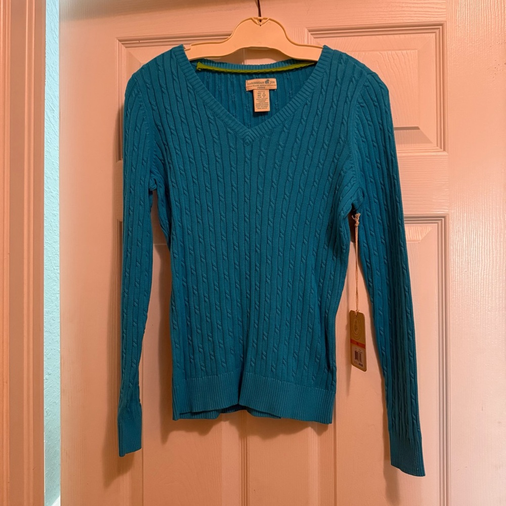 NWT Caribbean Joe Teal V-Neck Sweater Petite Small